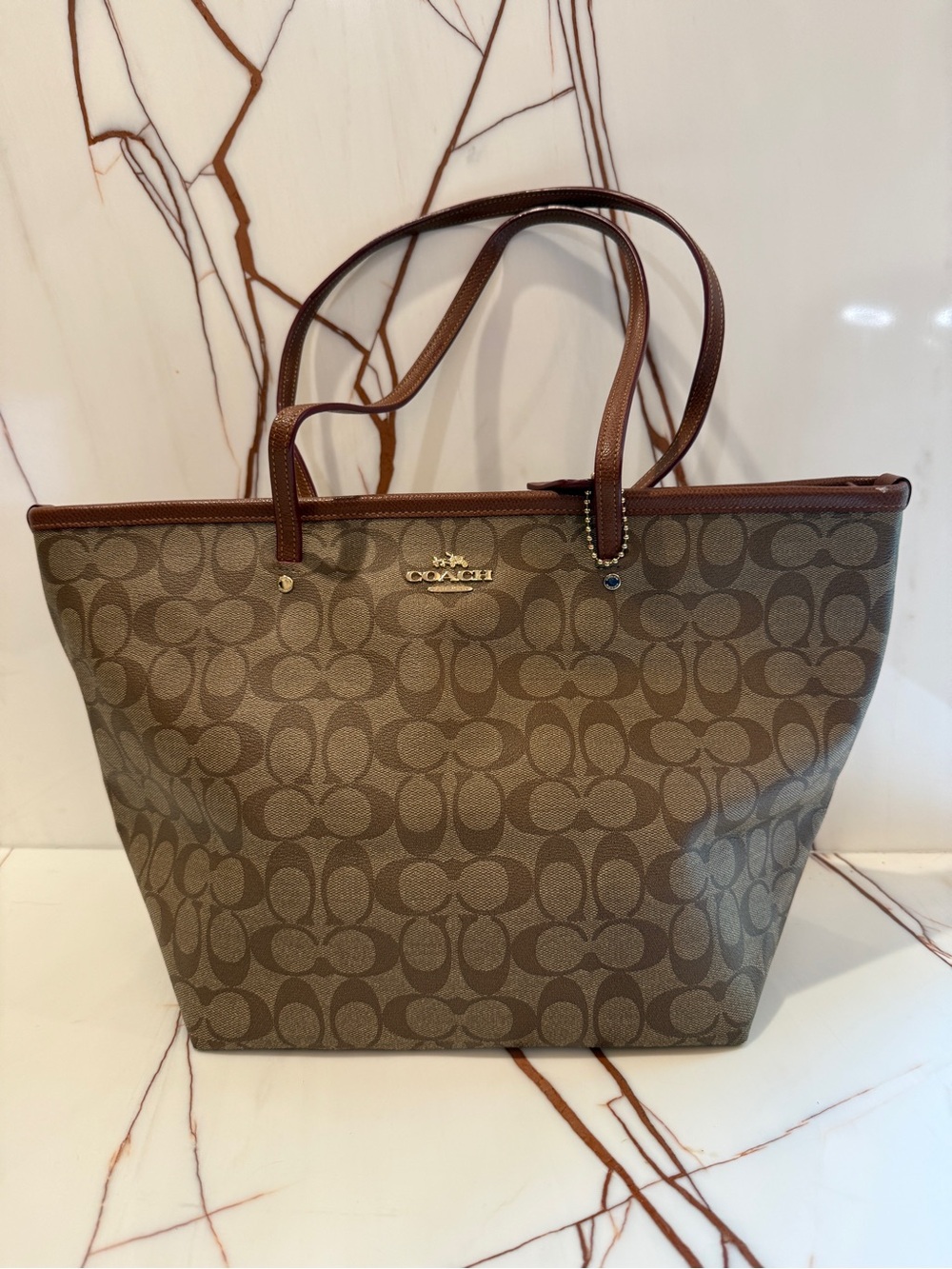 Coach Brown Signature Canvas Tote with Leather Trim